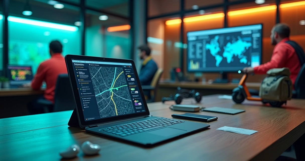 Mapa digital exibindo rota otimizada de entregas em tablet sobre mesa de operação de delivery 