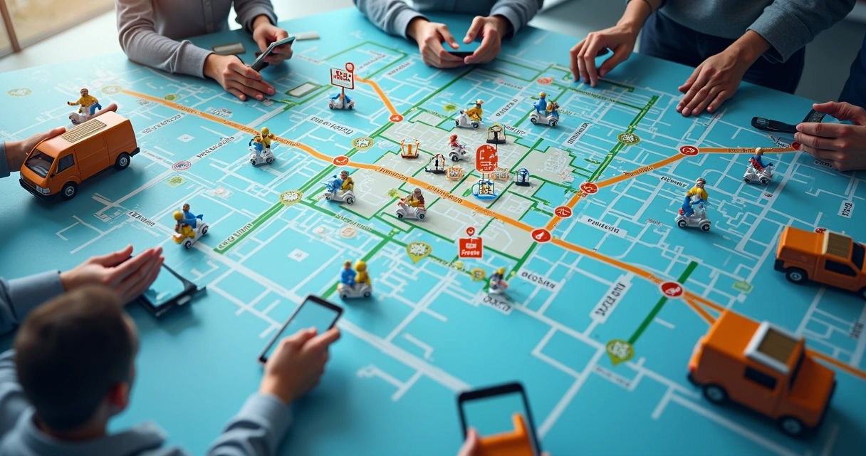 Roteirização de entregas locais para food service visualizada em mapa digital com veículos de entrega. 