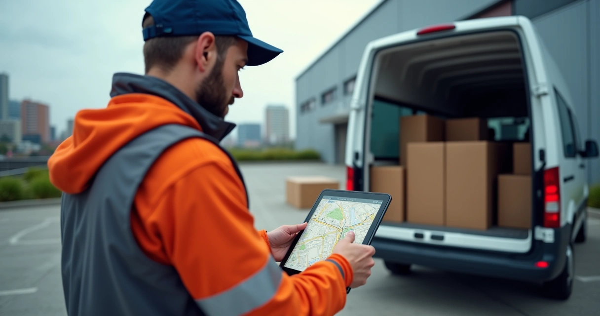 Motorista verificando rota inteligente no tablet enquanto carrega encomendas na van