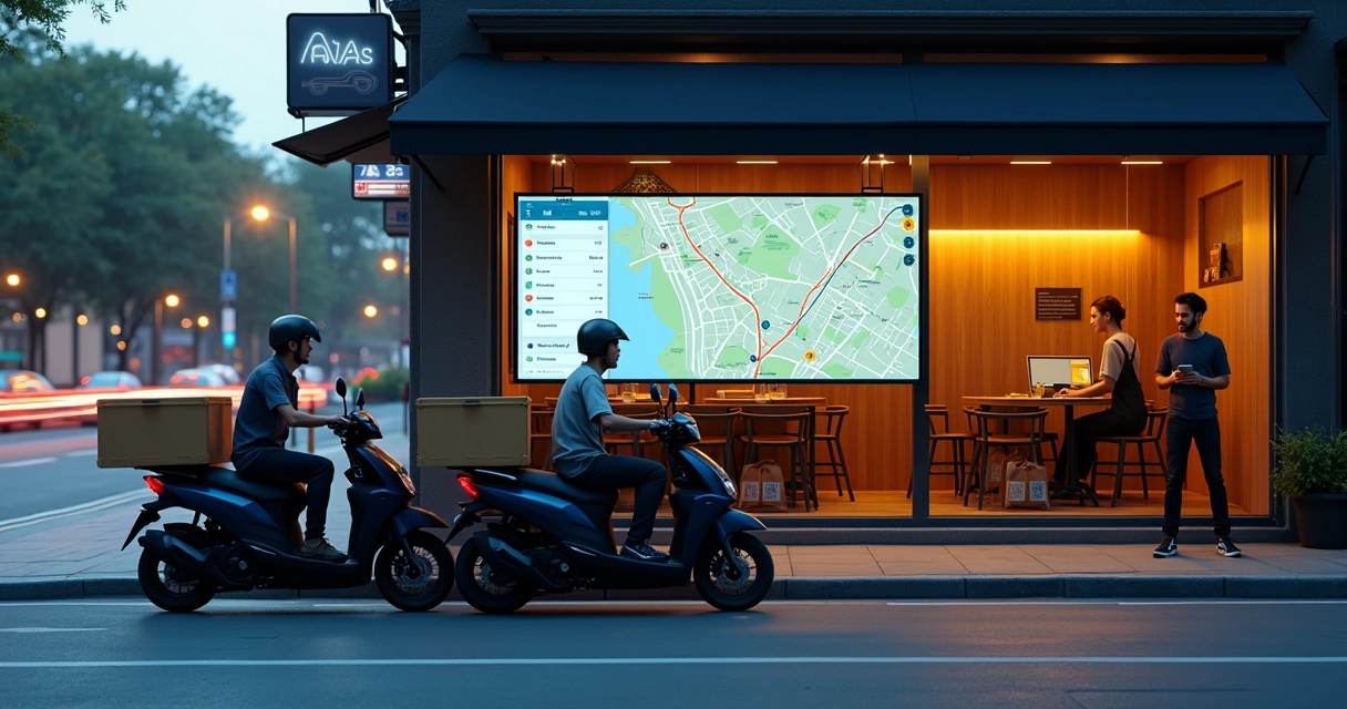 Motos de delivery saindo de restaurante guiadas por grande tela de roteirização 