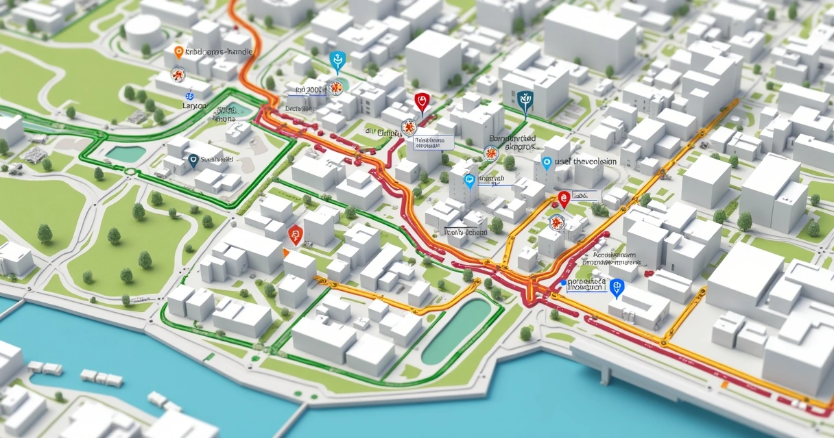 Mapa digital mostrando várias rotas coloridas de ônibus urbanos em uma região metropolitana 