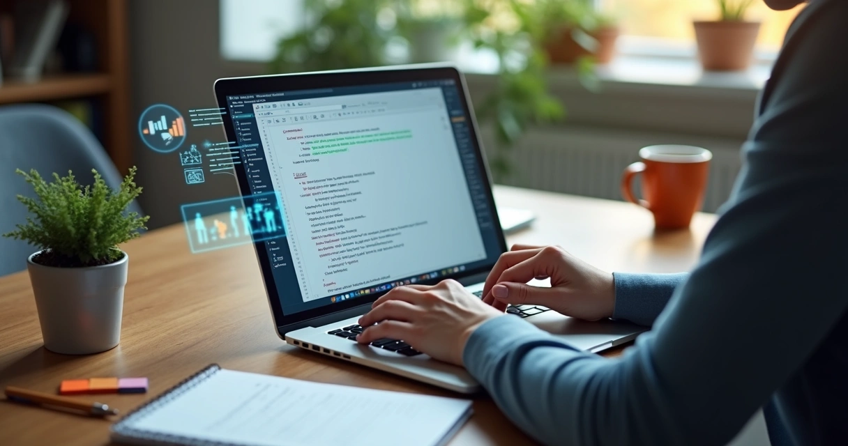 Pessoa escrevendo roteiro em notebook, IA sugerindo textos na tela 