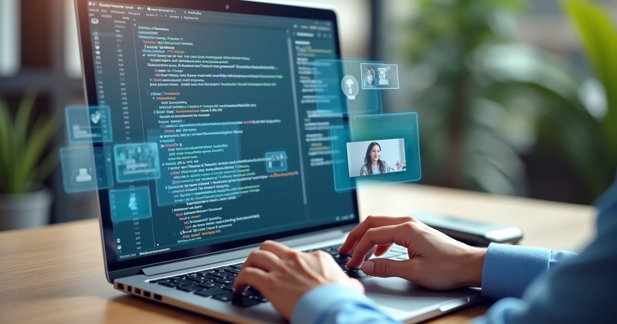 Mão humana digita em teclado enquanto tela mostra estruturas de roteiro para vídeo geradas automaticamente 