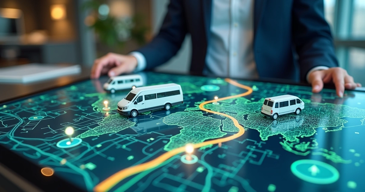 Mapa digital com rotas inteligentes destacadas e vans corporativas em movimento 