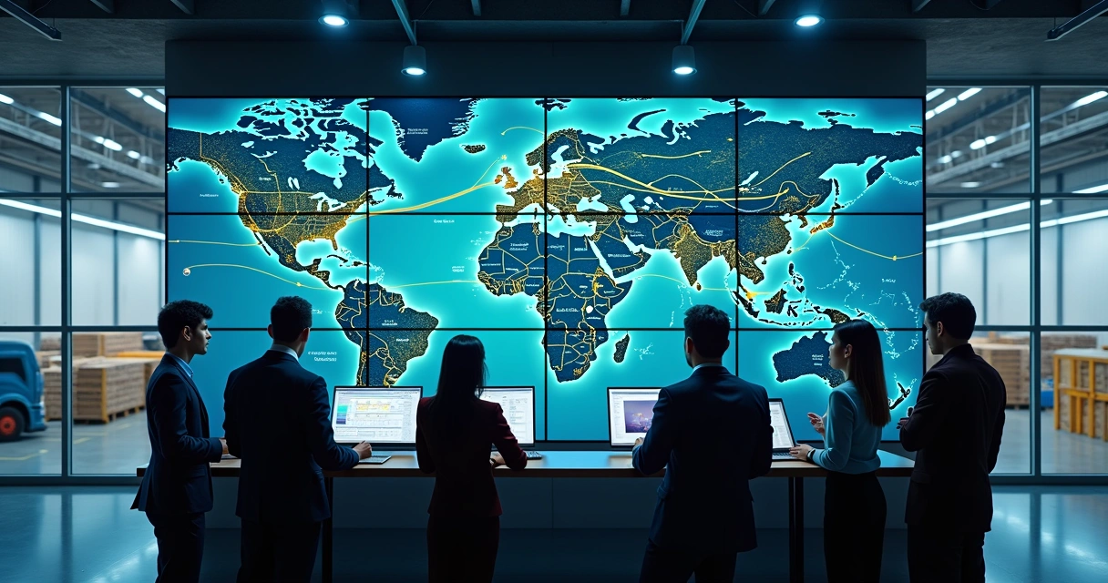 Painel digital mostrando mapa com rotas de caminhões na tela 