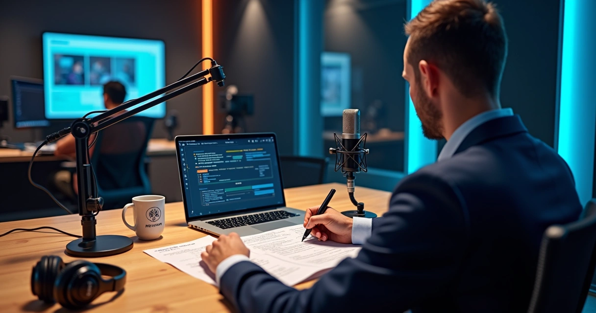 Profissional ajustando roteiro de podcast corporativo em estúdio moderno 