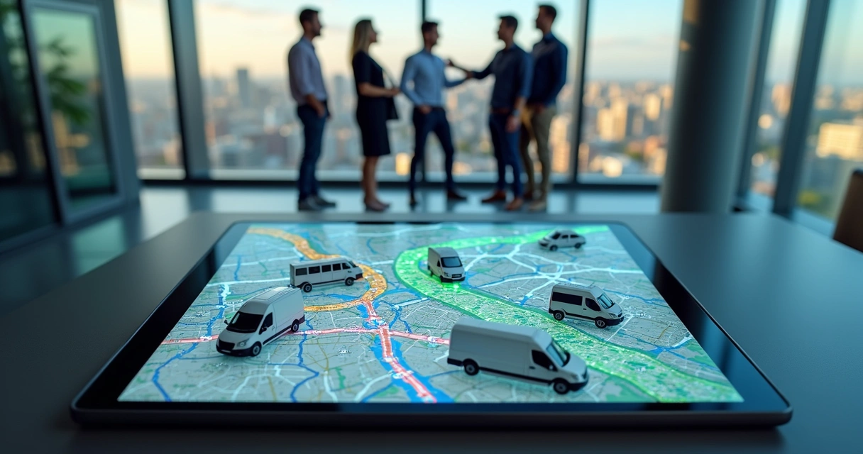 Mapa moderno mostrando rotas otimizadas em cidade com vans corporativas 