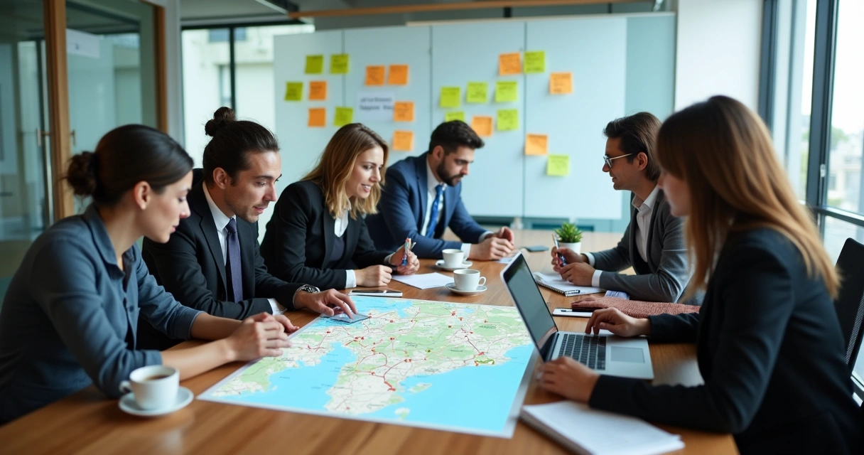 Equipe analisando rotas de transporte em um escritório moderno 