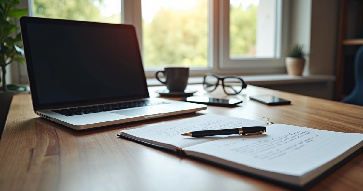 Mesa com notebook aberto mostrando roteiro digital, caderno com anotações e caneta ao lado, ambiente de trabalho organizado para criação de vídeo 