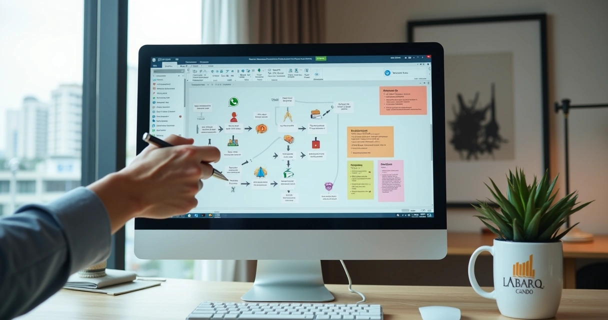 Tela de computador exibindo fluxograma digital de atendimento condominial 