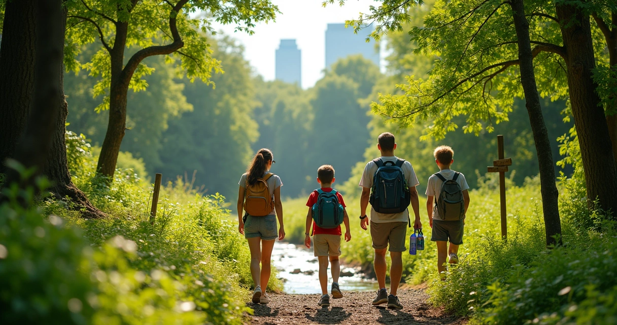 Trilha curta na natureza em parque com família caminhando 