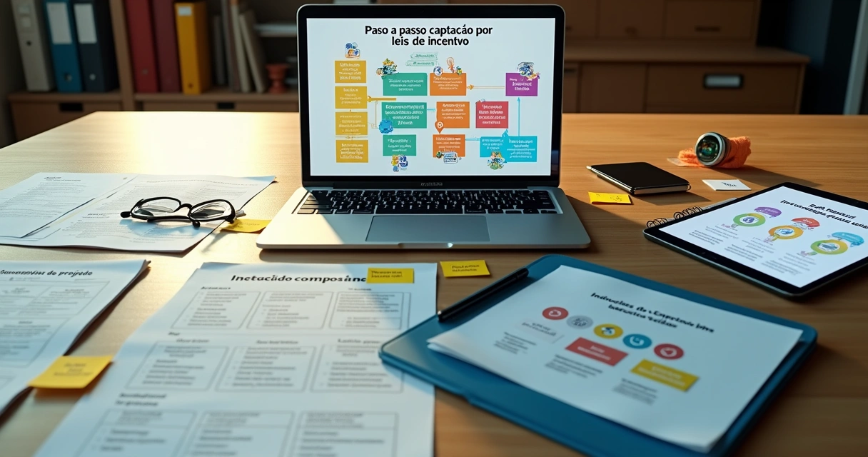 Mesa de trabalho com roteiro visual para captação de recursos por leis de incentivo no Brasil 