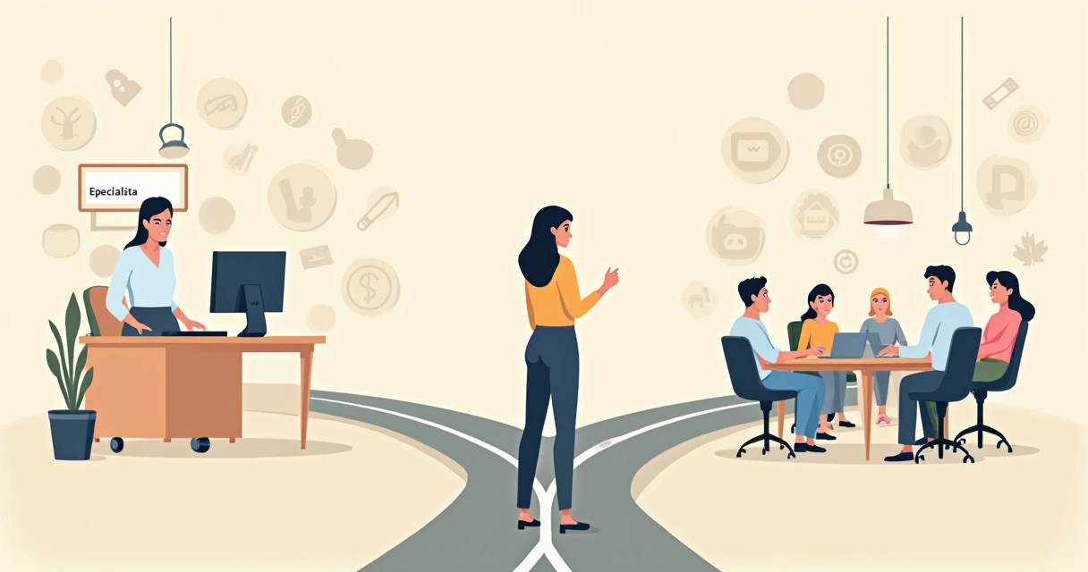 Gráfico de plano de carreira Y com mulher escolhendo caminhos digitais