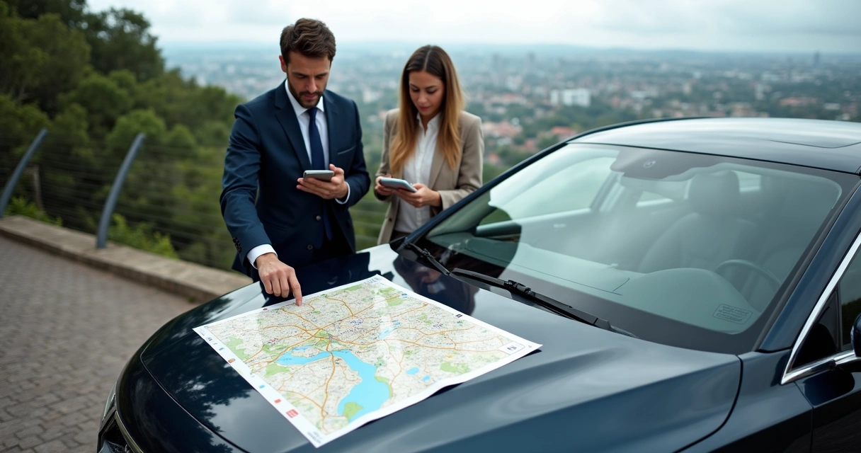 Mapa de city tour em Curitiba sobre capô de carro executivo com motorista indicando pontos turísticos 