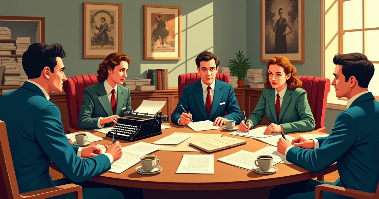 Cena de roteiristas discutindo roteiro com papel e máquina de escrever