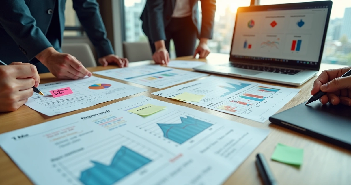 Equipe monta roteiro comercial com dados impressos e laptop em mesa ampla 