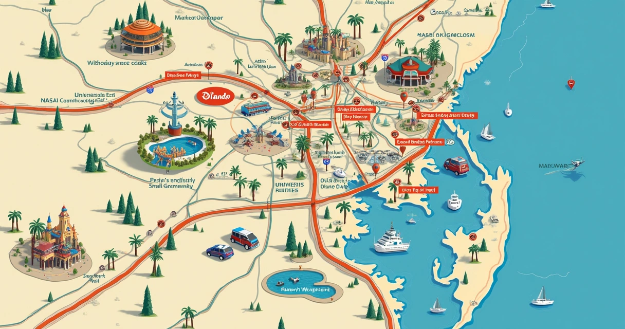 Mapa de Orlando mostrando roteiros de carro entre parques, outlets e NASA 