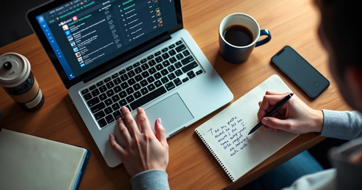 Pessoa escrevendo roteiro de conteúdo digital em laptop com café e bloco de anotações ao lado 