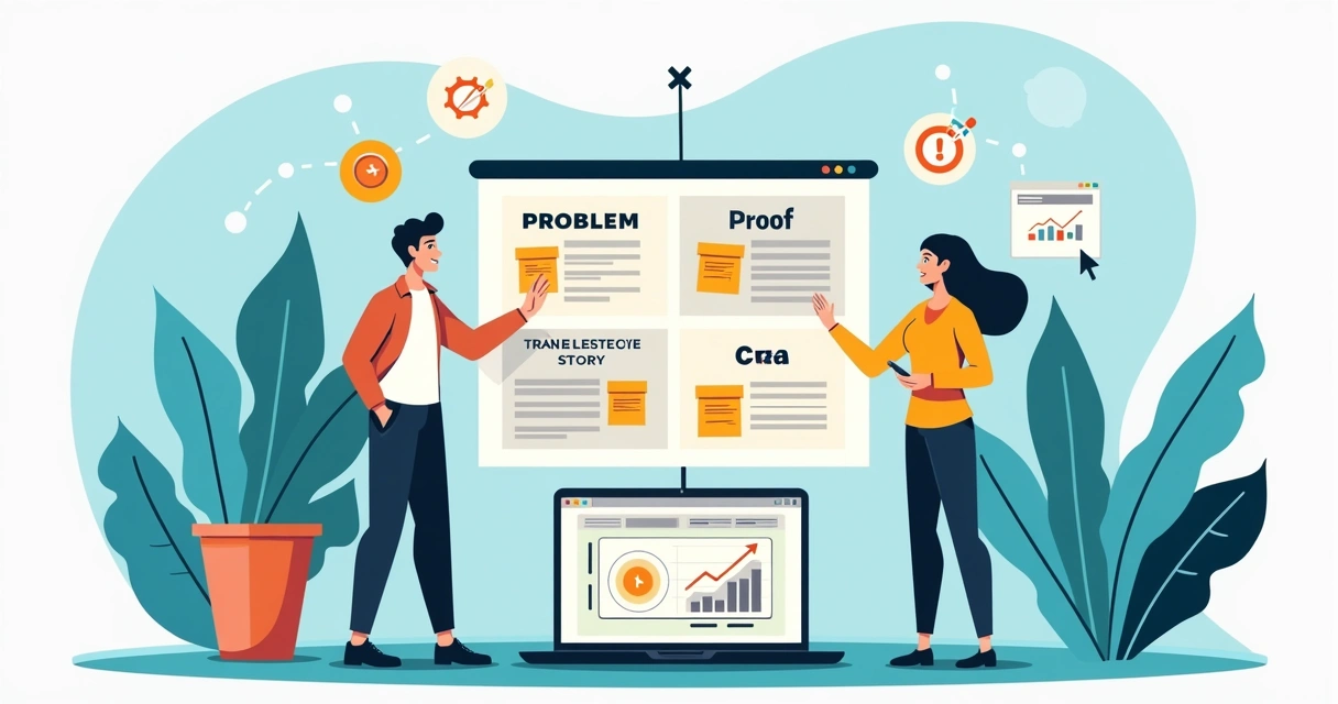 Equipe criando narrativa para landing page em quadro visual