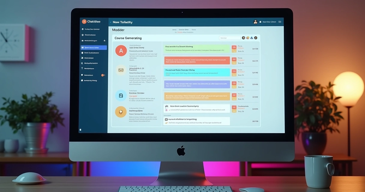 Estrutura de curso montada com IA em tela de computador. 
