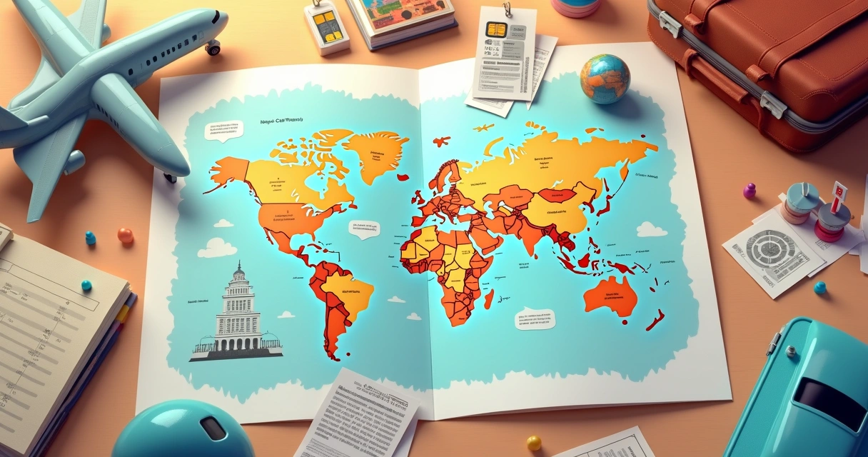 Mapa de viagem com ícones de voos, hotéis, eSIM, experiências e malas em volta 