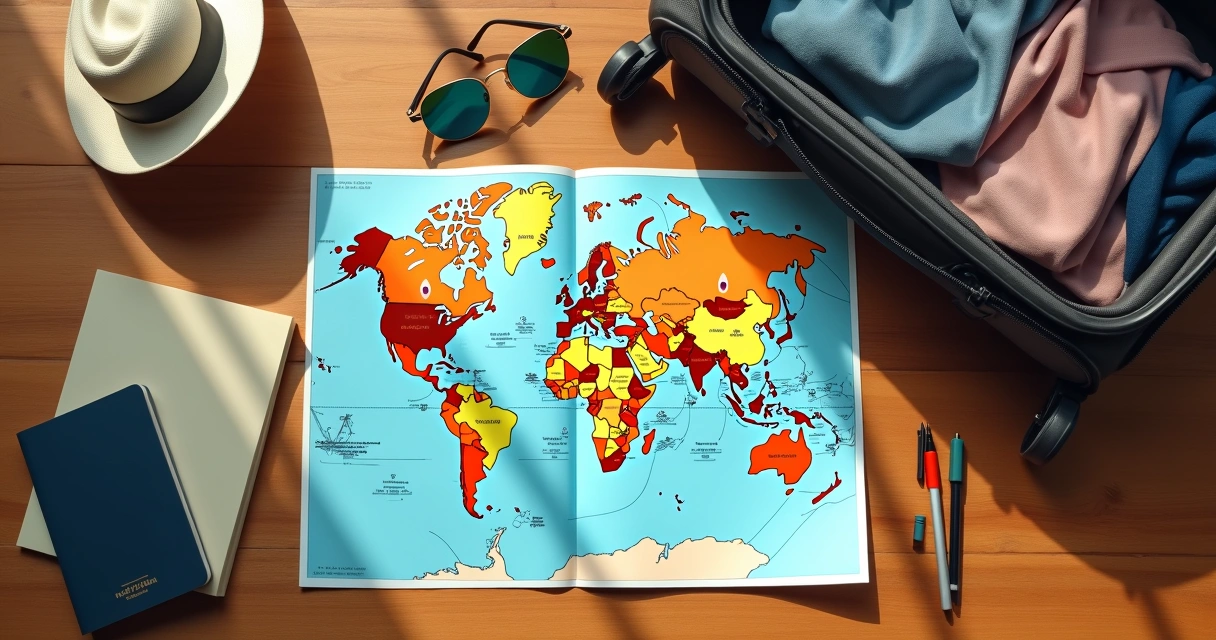 Mapa aberto com marcadores de viagem ao lado de uma mala e passaportes 