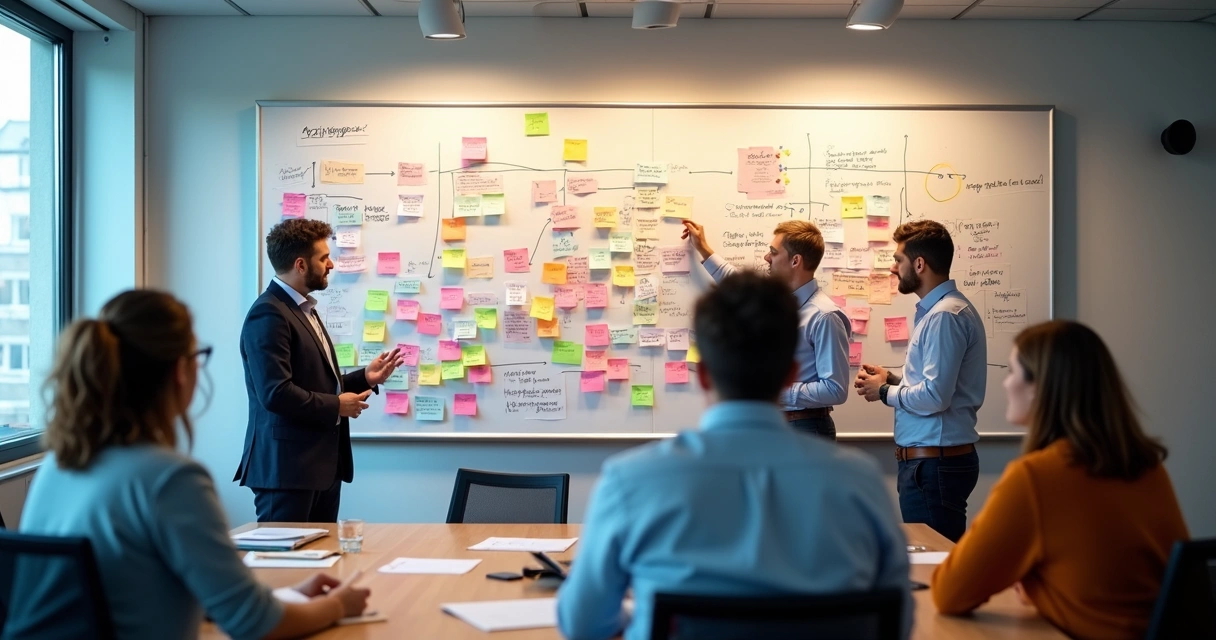 Quadro branco com fluxos, esquemas e post-its sobre etapas de design instrucional 