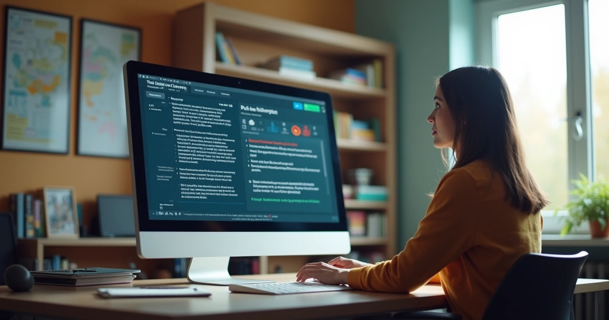 Professor diante de computador com roteiro digital aberto na tela