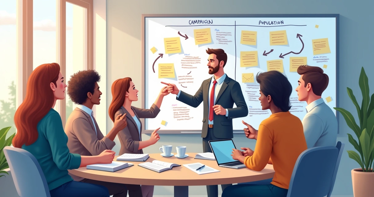 Equipe reunida analisando roteiros de campanha em quadro branco 