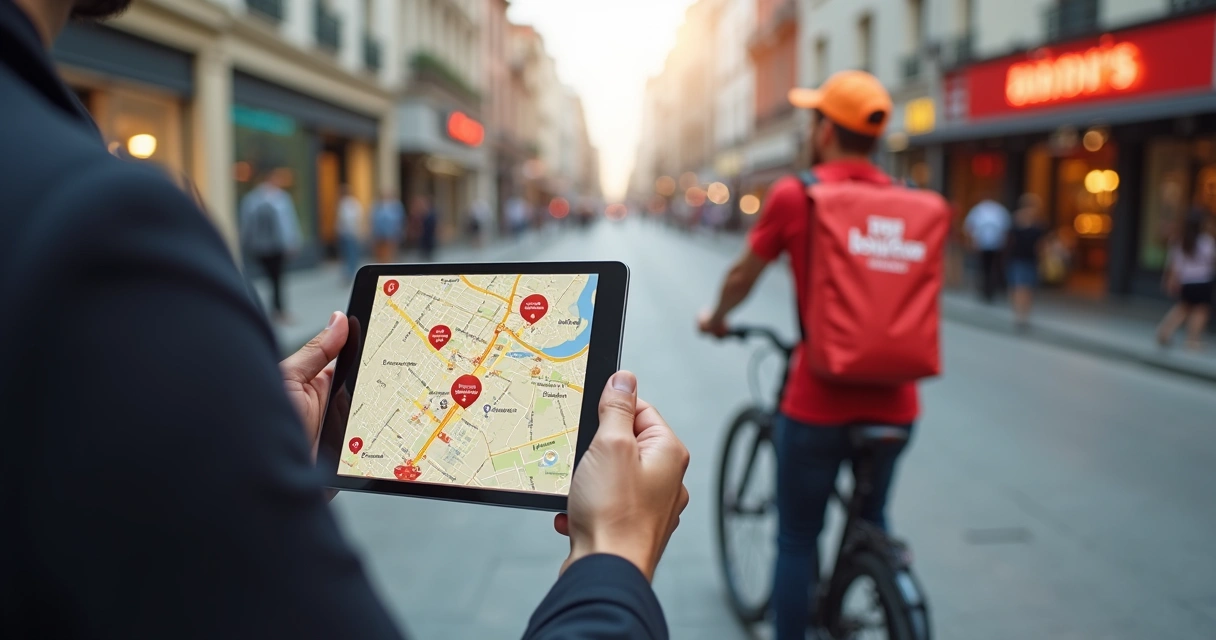 Roteiro digital mostrando entregador e locais de entrega na cidade 