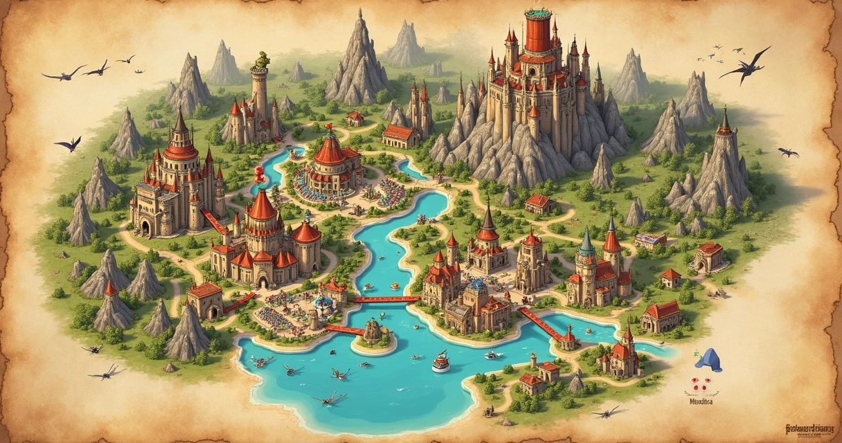 Mapa desenho à mão do Epic Universe, rotas marcadas para diferentes áreas temáticas