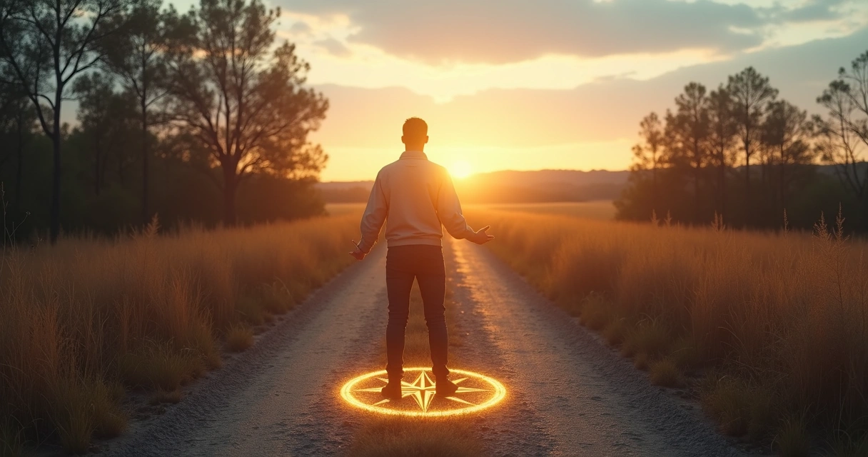 Pessoa em encruzilhada refletindo sobre escolhas com luz e sombra ao redor 