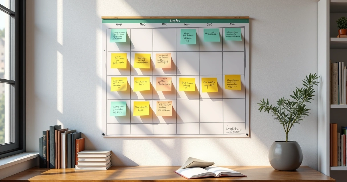 Quadro de estudo organizado com calendário e post-its 