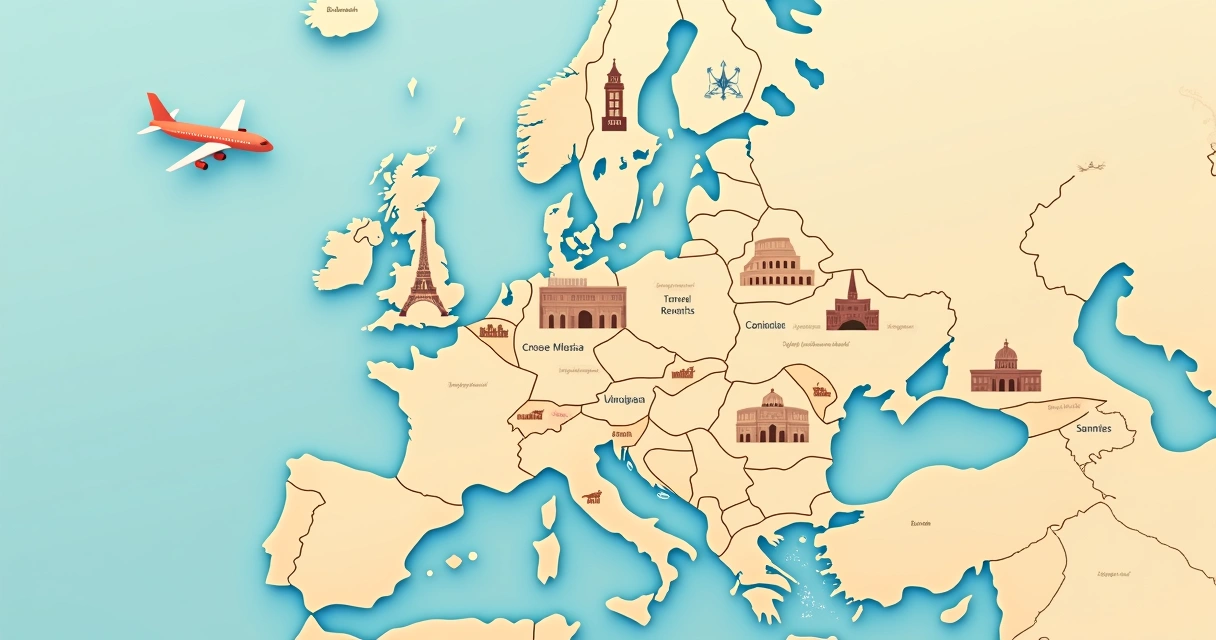 Mapa ilustrativo de um roteiro por vários países europeus 