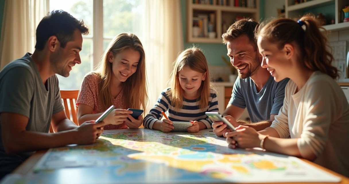 Família organizando roteiro de viagem da Disney em 2026 com tablets e mapas