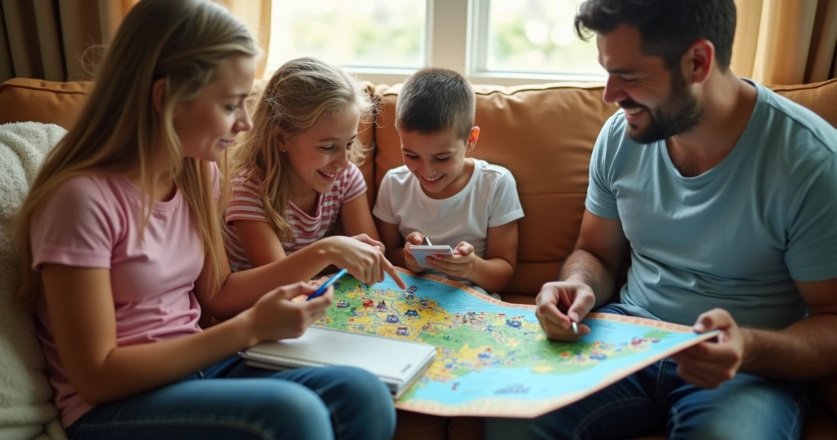 Familia brasileira fazendo roteiro de viagem em hotel 
