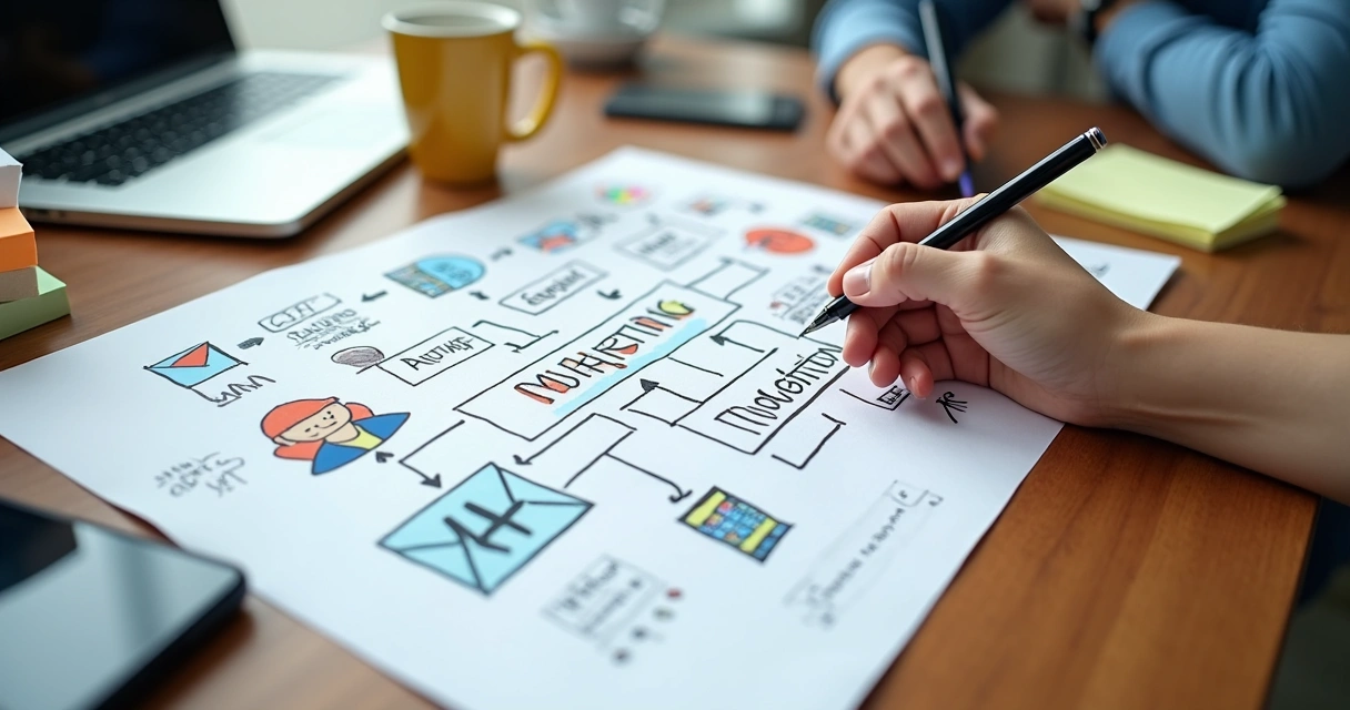 Pessoa desenhando roteiro simples de automação de marketing em papel