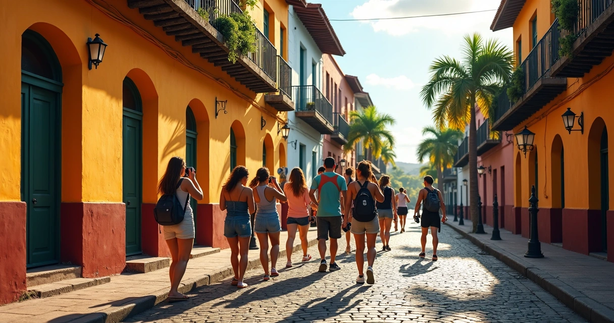 Grupo de turistas com guia caminhando por rua histórica de Ilhéus com prédios coloridos