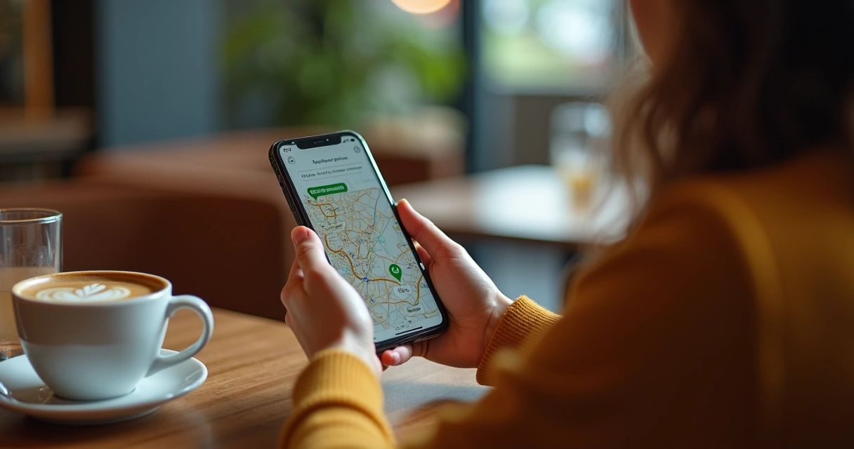 Pessoa usando aplicativo gastronômico no celular em uma cafeteria 