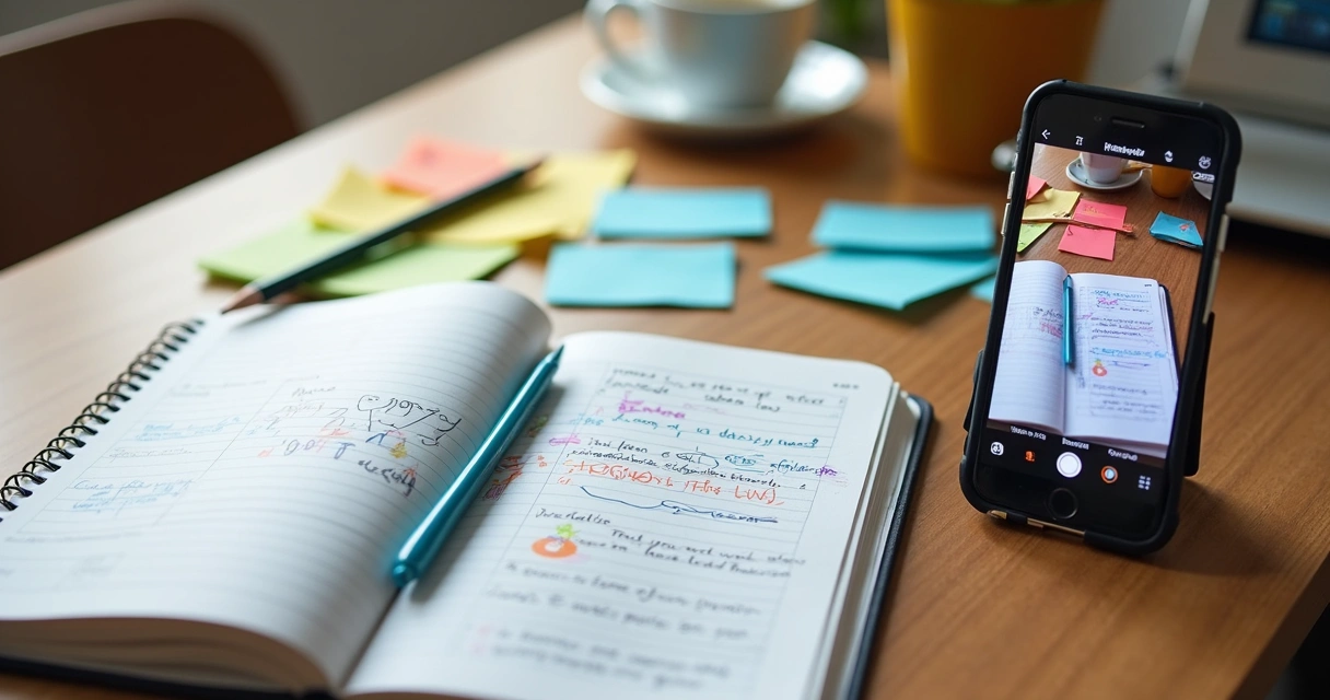 Caderno com esquema de roteiro e celular gravando vídeo de estudos 