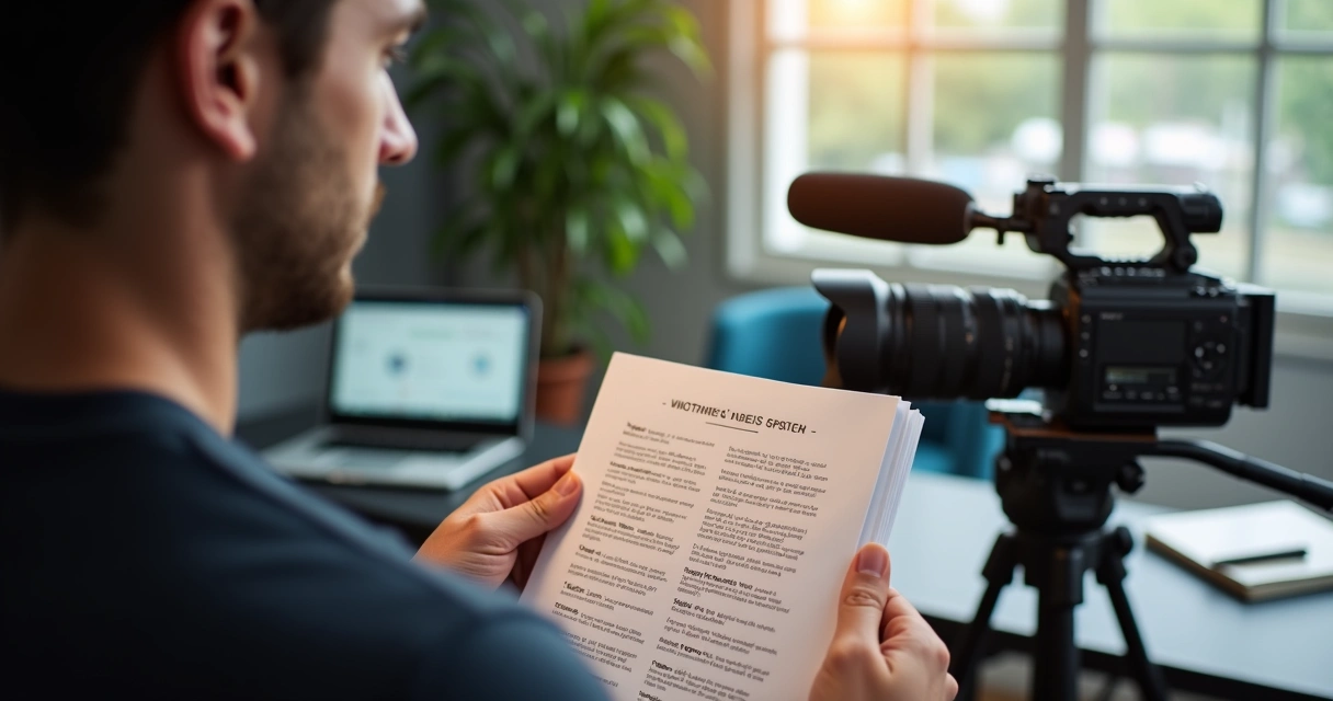 Pessoa revisando roteiro de vídeo com câmera e microfone ao fundo