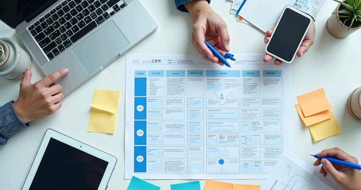 Visual roadmap for CRM implementation on a work desk
