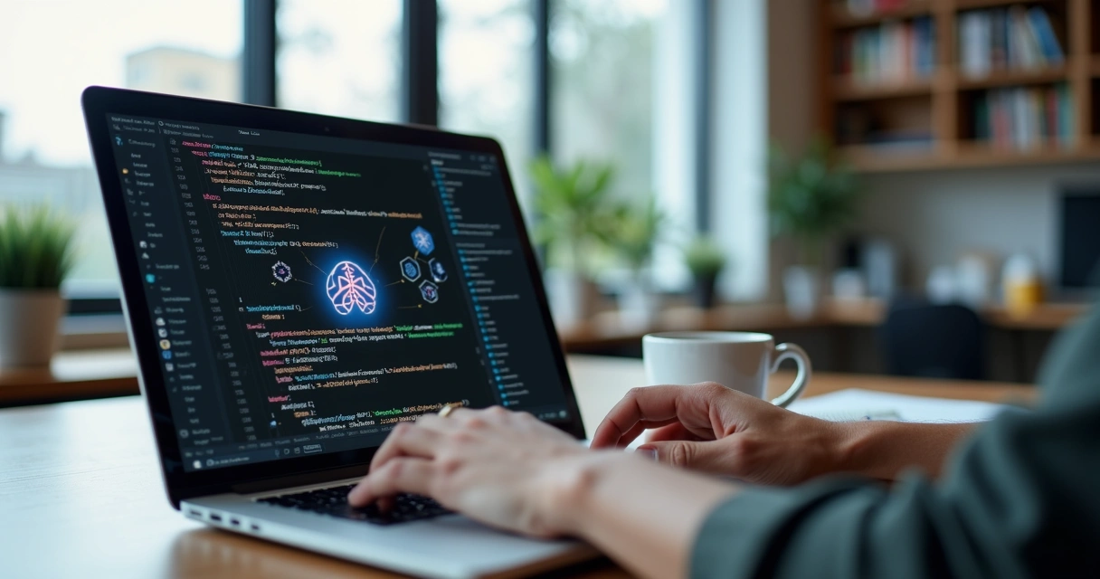 Pessoa usando laptop com tela mostrando código e ícones de inteligência artificial em ambiente moderno e iluminado 