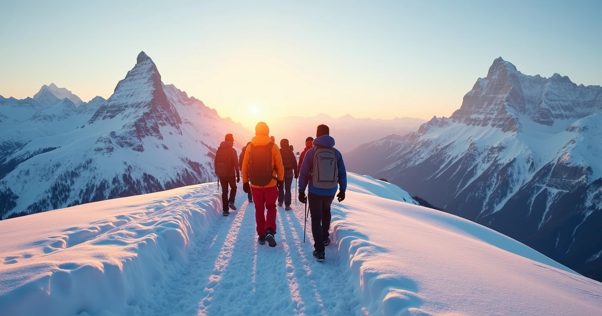 Turistas caminhando em trilha nevada com roupas de inverno em montanhas ao fundo durante pôr do sol
