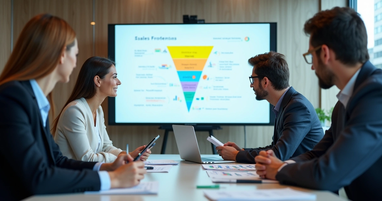 Equipe de vendas em sala de reunião, documentos e quadro de funil de vendas ao fundo 