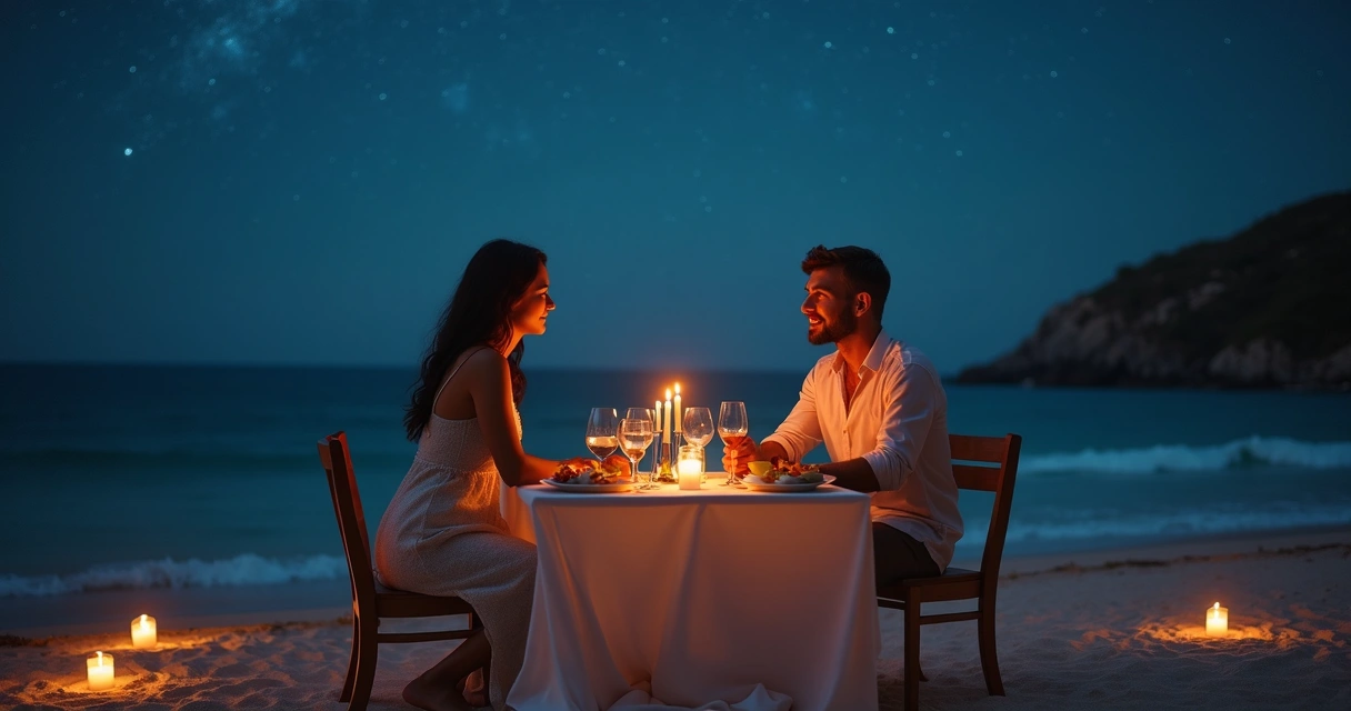 Casal em jantar privativo à beira-mar, com céu estrelado, cenário romântico e luzes suaves 