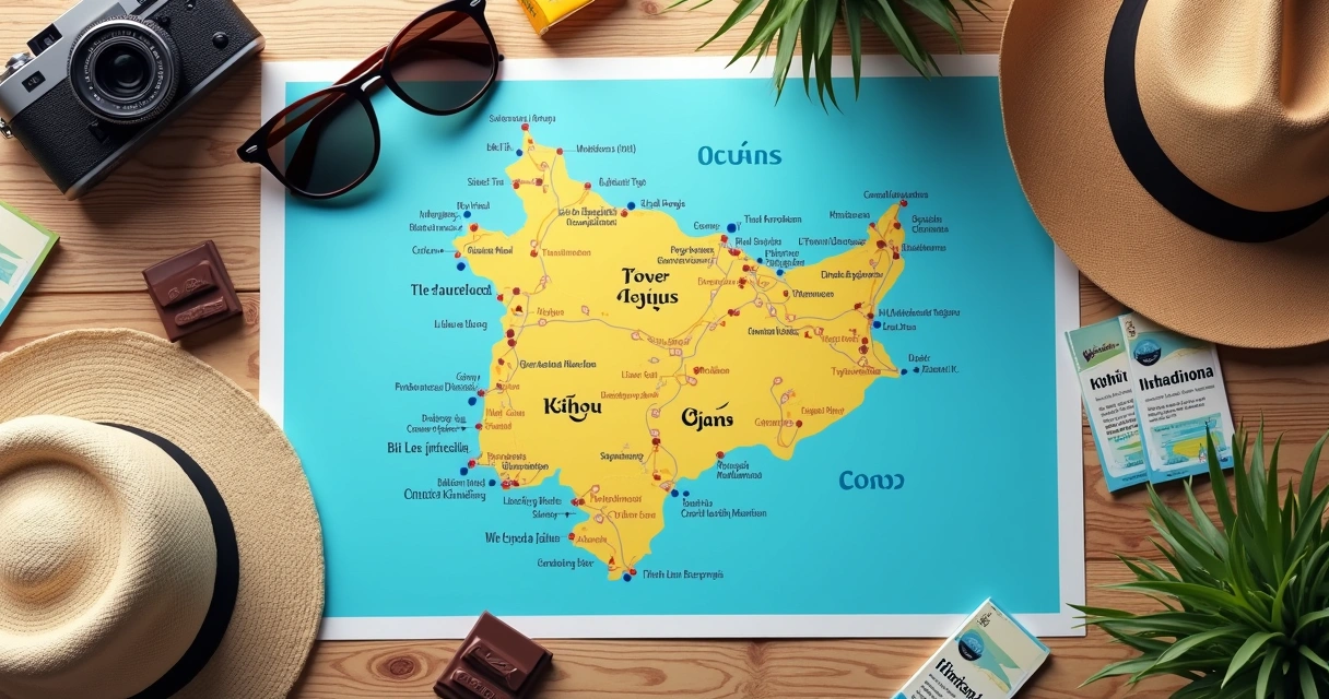Mapa turístico de Ilhéus com pontos marcados e objetos de viagem 
