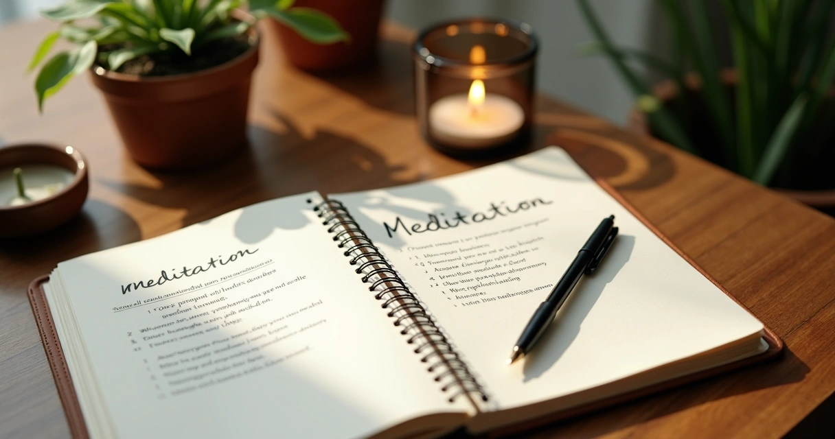 Caderno aberto com roteiro de meditação escrito à mão e caneta ao lado 