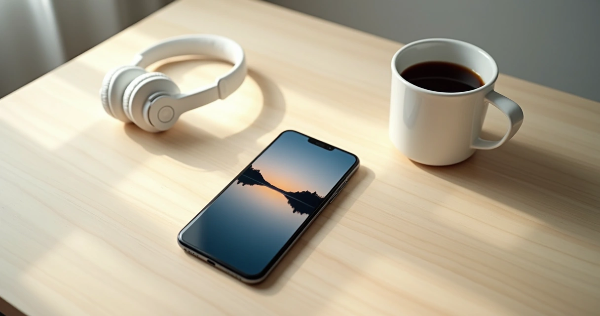 Celular com aplicativo de meditação guiada aberto, fones ao lado, em mesa clara ao lado de xícara. 