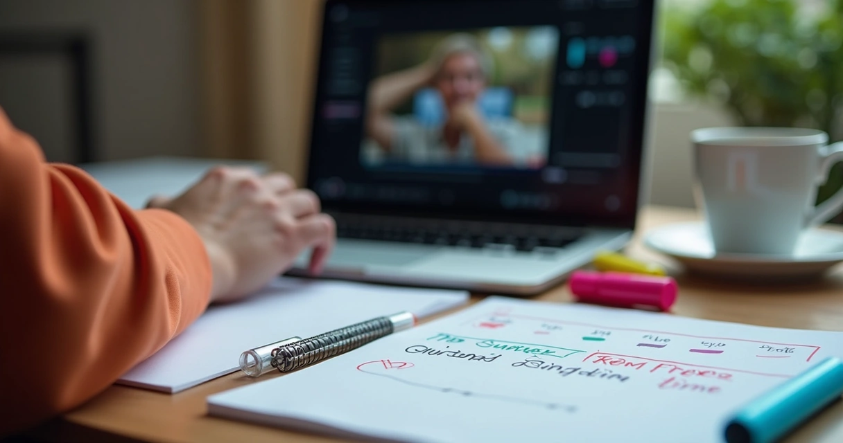 Roteiro com marcações em diferentes pontos-chave de um vídeo, laptop ao fundo, papel, caneta e xícara na mesa